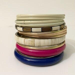 Eclectic Boho Bangle Bracelet Lot Enamel, Gold Tone & Inlay Stack
